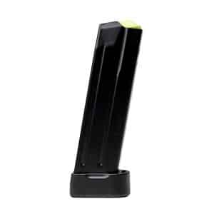 Black 9mm handgun magazine with a lime-green follower at the top, standing upright with a baseplate visible, shown from the side.