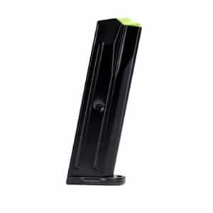 Black pistol magazine with a yellow follower visible at the top, standing upright on its base plate (gun accessory)