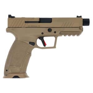 Tan semi-automatic pistol shown in left-side profile with textured grip and black trigger, featuring a barrel accessory and rails.