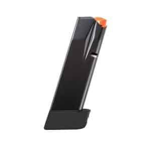 Pistol magazine with black body and orange follower, shown upright at an angle.