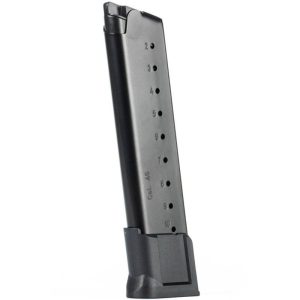 Metal handgun magazine with numbered holes and a black base plate (pistol ammo magazine).