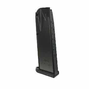Black detachable pistol magazine standing upright on a white background.