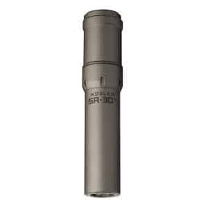 Nosler SR-30Ti rifle suppressor in a matte gray finish, cylindrical with mounting threads at the base