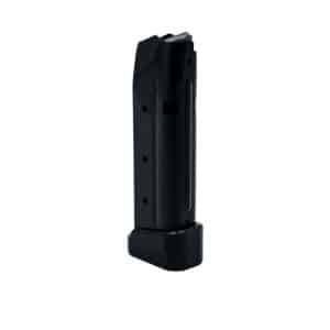 Black handgun magazine standing upright with a wide baseplate attached