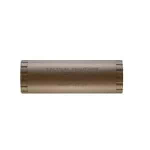 Bronze cylindrical firearm suppressor with grooved ends and engraved text.