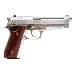 Chrome Taurus PT92 semi-automatic pistol with dark wooden grip, side view