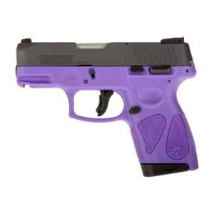 Purple plastic toy handgun with a black slide and textured grip on a white background.