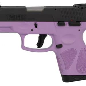 Purple-and-black semi-automatic pistol shown in side profile with textured lavender grip and black slide (Taurus branding).