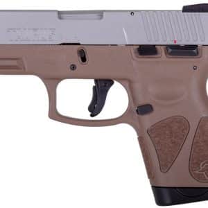 Semi-automatic pistol with a silver slide and brown textured grip, shown in side view.