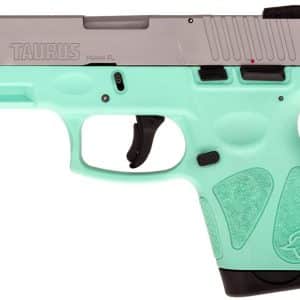 Turquoise semi-automatic pistol with a silver slide and textured mint-green grip, branded 'TAURUS MIAMI FL' on the slide.