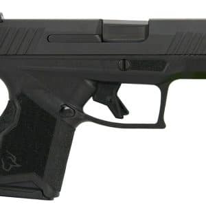 Left-profile view of a black semi-automatic pistol with textured grip and tactical sighted slide