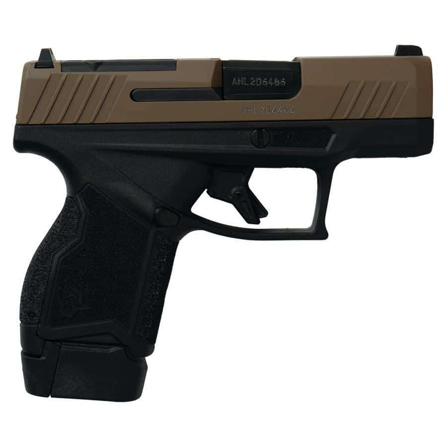 Semi-automatic pistol with a tan slide and black polymer grip, shown in side profile.