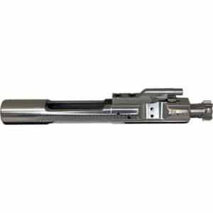 Metallic rifle bolt carrier assembly with machining details and rails, viewed from the side.