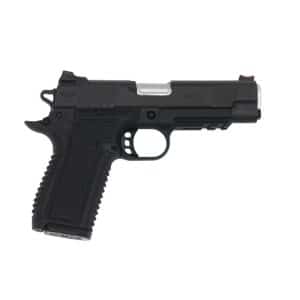 Side profile of a black semi-automatic pistol with a textured grip and silver accents
