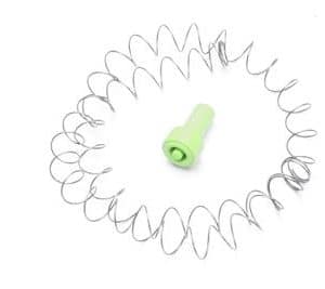 Coiled metal spring laid in a circle with a lime-green plastic connector at the center.