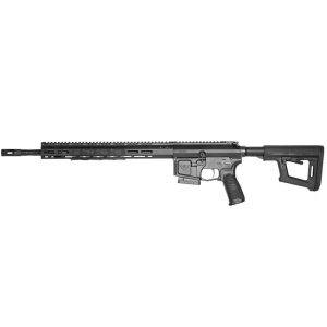 Black AR-15 style semi-automatic rifle with rail handguard and adjustable stock, shown in profile