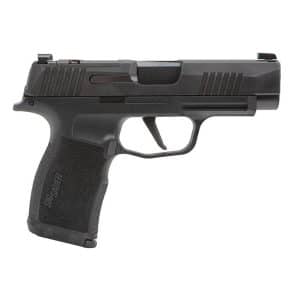 Side view of a black semi-automatic pistol with a textured grip and trigger guard.