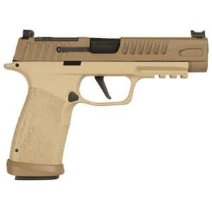 Tan SIG Sauer semi-automatic pistol shown in a left-side profile view, with a textured grip and brown slide.