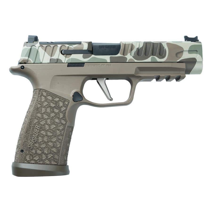 Semi-automatic handgun in profile with a tan frame and camouflage-pattern slide, textured grip visible at the back of the handle, on a white background.