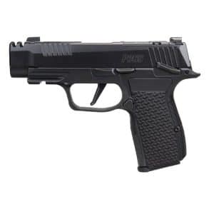 Side view of a black P365 semi-automatic handgun with textured grip and accessory rails on a white background