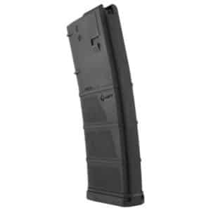 Black curved detachable rifle magazine with textured panels, standing upright against a white background
