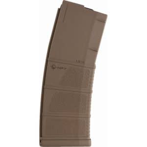 Brown polymer rifle magazine with textured panels for grip, shown standing upright against a white background.