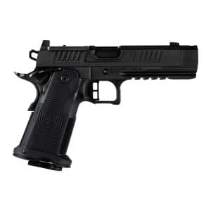 Black semi-automatic handgun shown in profile from the left, with textured grip and accessory rail along the frame's underside.