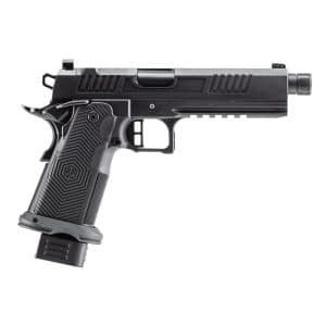 Black semi-automatic pistol with a textured grip and removable magazine on a white background, side view (informative).