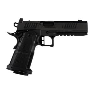 Side view of a black semi-automatic handgun with a textured grip on a white background.