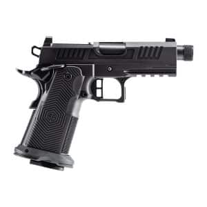 Side view of a black semi-automatic pistol with textured grip and ergonomic design