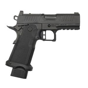 Side view of a black semi-automatic pistol with a textured grip and an attached magazine extending below the grip, shown in profile.