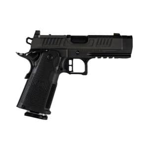 Black semi-automatic pistol shown in profile with a textured ergonomic grip and accessory rail on the frame
