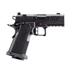 Side view of a black semi-automatic handgun with a textured grip and accessory rail on the frame.