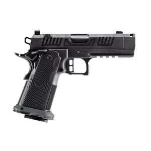 Black semi-automatic pistol with a textured grip and rail, angled to the left against a white background