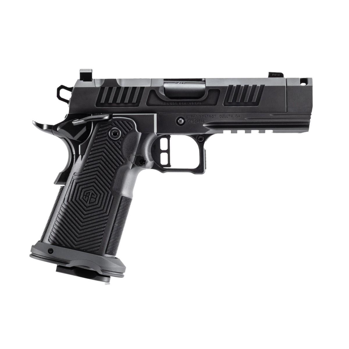 Black semi-automatic pistol with a textured grip and rail, angled to the left against a white background