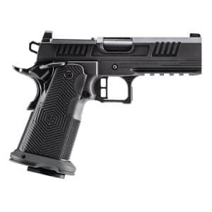 Left-side view of a dark gray semi-automatic pistol with a textured geometric grip and extended magazine base, on white background.