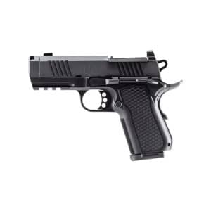 Side profile of a black semi-automatic pistol with textured grip on a white background.