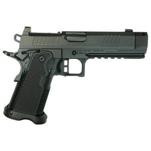 Profile view of a semi-automatic pistol with a textured black grip and grey slide, shown from the left side.