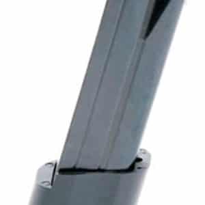 Gray semi-automatic pistol magazine standing upright with baseplate visible