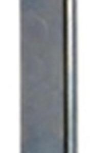 Vertical metal firearm magazine standing upright with round holes along the side and a baseplate at the bottom.