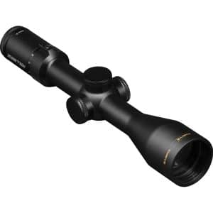 Black rifle scope with adjustable turrets and lenses for aiming precision and long-range accuracy