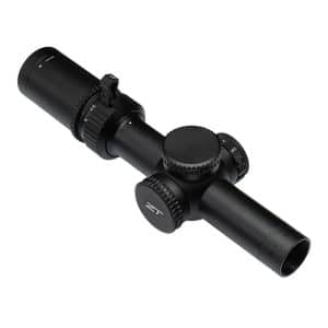 Black riflescope with elevation and windage turrets and objective lens, matte finish, angled from above