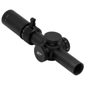 Black rifle scope with elevation/windage turrets and eyepiece, shown at an angle for aiming optics mostly used on firearms