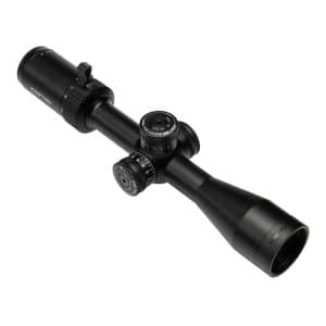 Black riflescope with adjustable turrets and eyepiece, shown at an angle for aiming precision.