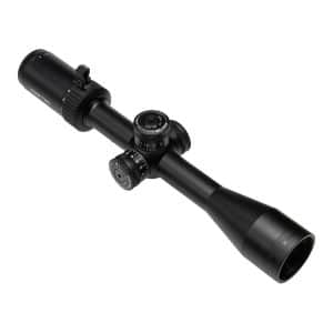 Black rifle scope with adjustment turrets and long eyepiece shown at an angle, ready for mounting on a firearm.