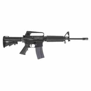 Black assault rifle with a curved magazine, carry handle, and front sight on a white background