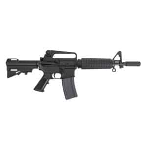 Black AR-style semi-automatic rifle with a pistol grip, curved magazine, and ribbed handguard photographed in profile on a white background