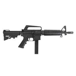 Black semi-automatic rifle shown in profile with attached magazine and carrying handle against a white background.