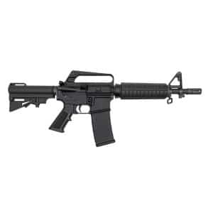 Black AR-style rifle with folding stock, pistol grip, and ribbed foregrip on a white background.