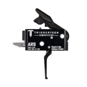 Black AR-9 single-stage trigger labeled TriggerTech Competitive with a curved trigger lever and mounting hardware.